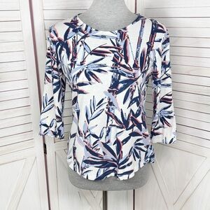 Chicos Weekends Bamboo Print 3/4 Sleeve Tee Shirt White Blue‎ Small 4